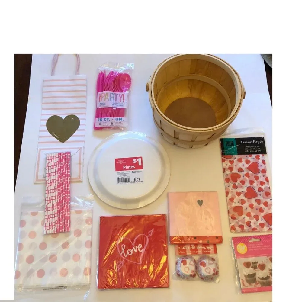 Supplies for a Make your own, Valentine's Day Gift Basket, (#2) Pink, White, Red